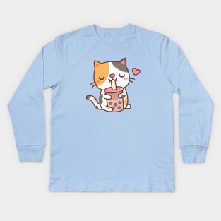 Cute Calico Cat Loves Drinking Boba Tea Kids Long Sleeve T-Shirt